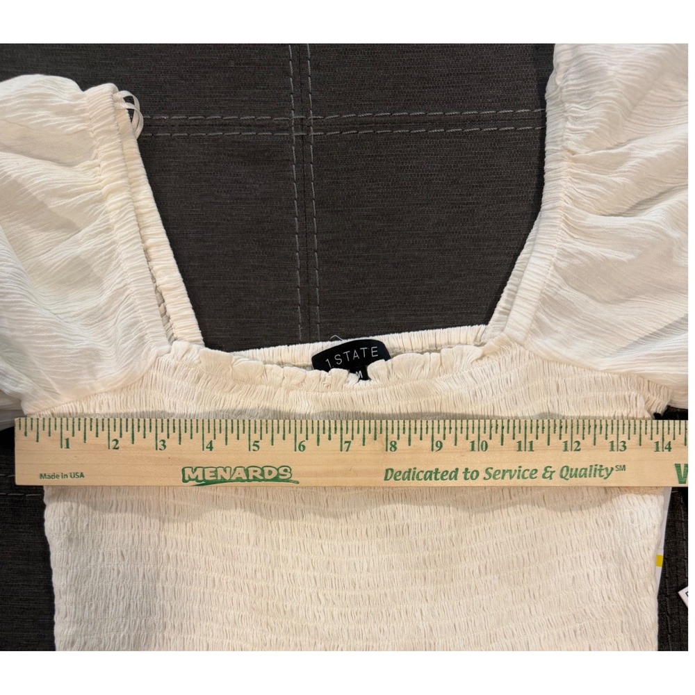 1.STATE Womens Medium NWT Smocked Crop Top Ivory Square Neck Puff Sleeve Boho - Picture 5 of 6